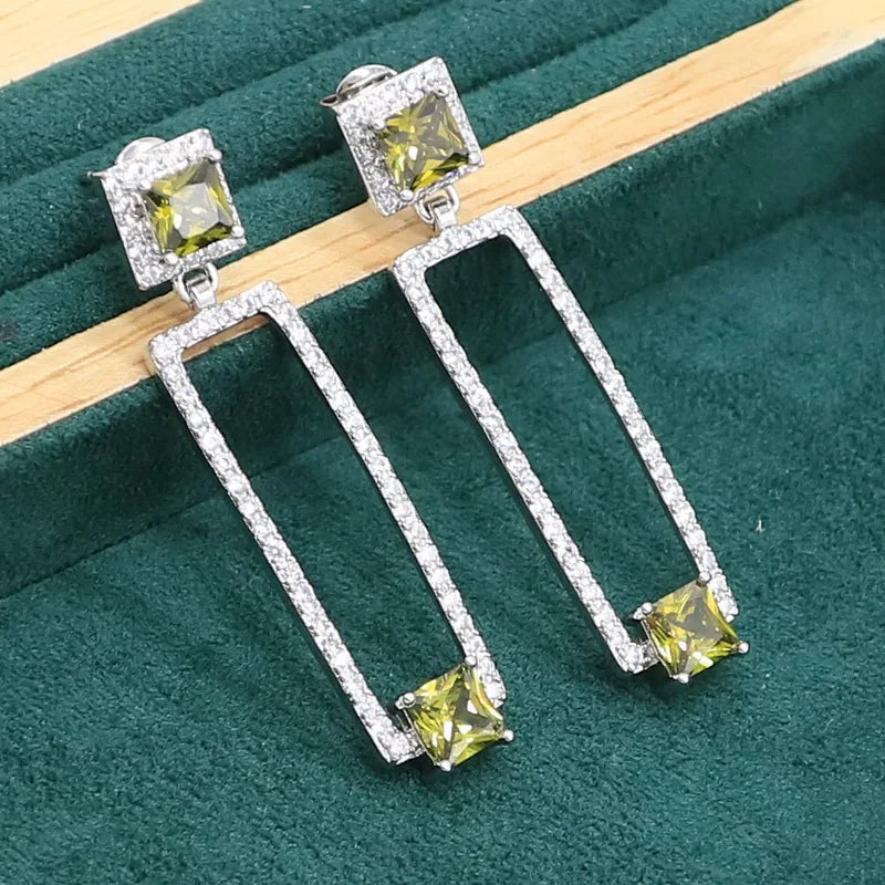 Green Peridot 925 Sterling Silver Jewelry set for Women Bracelet Long Earrings Necklace pendant Ring Birthday Gift