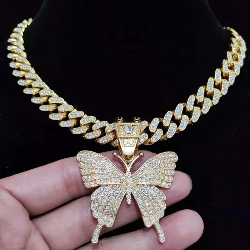 Men Women Hip Hop Iced Out Bling butterfly Pendant Necklace with 13mm Miami Cuban Chain HipHop Necklaces Fashion Charm Jewelry