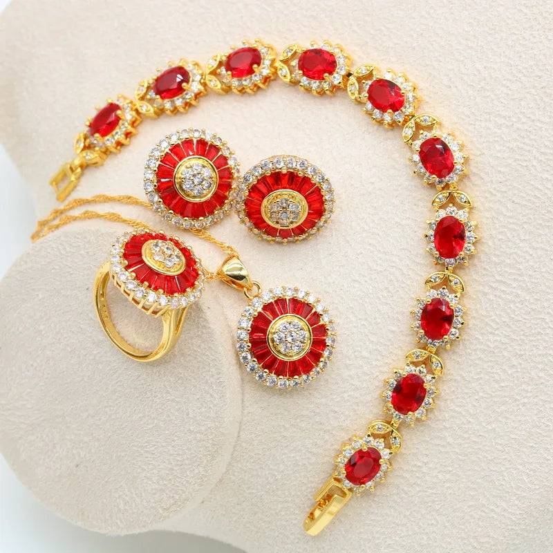 Red Stones Gold Color Bridal Jewelry Set for Women Bracelet Stud Earrings Necklace Pendant Ring Green Birthday Gift