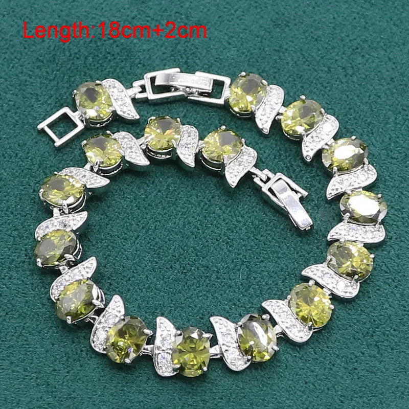 Green Peridot 925 Sterling Silver Jewelry set for Women Bracelet Long Earrings Necklace pendant Ring Birthday Gift