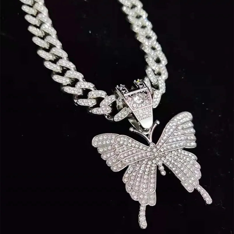 Men Women Hip Hop Iced Out Bling butterfly Pendant Necklace with 13mm Miami Cuban Chain HipHop Necklaces Fashion Charm Jewelry