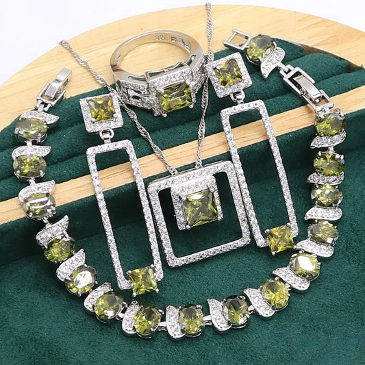 Green Peridot 925 Sterling Silver Jewelry set for Women Bracelet Long Earrings Necklace pendant Ring Birthday Gift