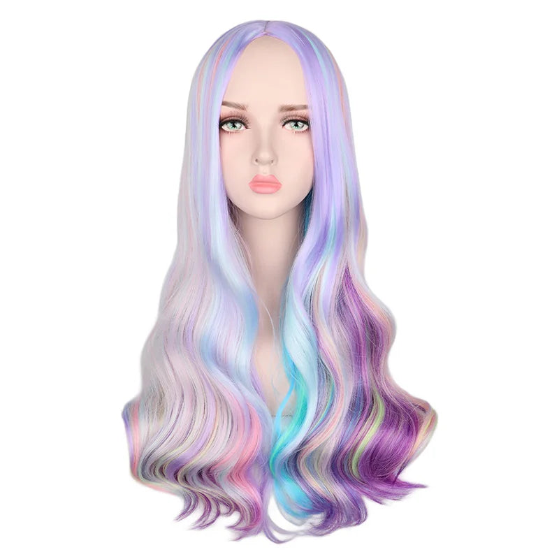 WIG
QQXCAIW Rainbow Colorful Long Wavy Wig