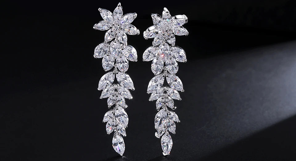 Luxury Gorgeous Marquise Cluster Dangle Earrings for Women Flower Shape Cubic Zirconia Long Earring Bride Wedding Jewelry