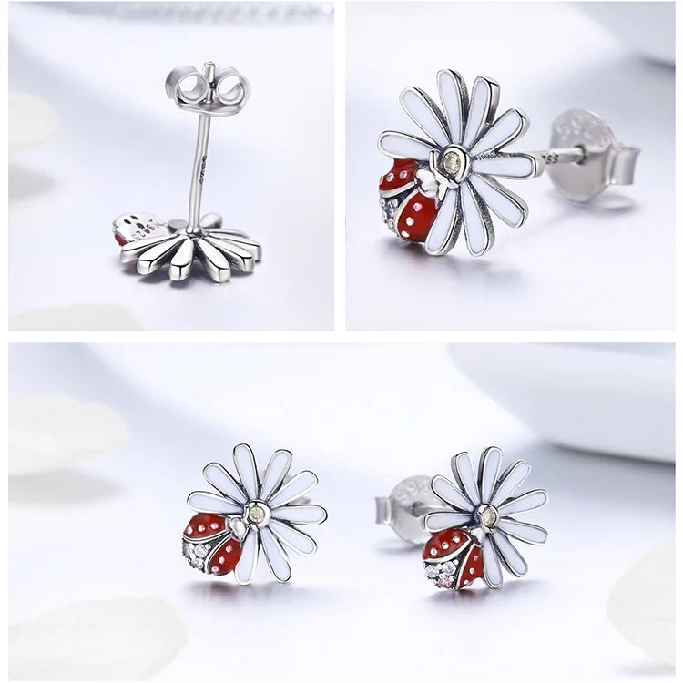 Anna EARRING
 925 Sterling Silver Daisy Flower Red Ladybug Stud Earrings