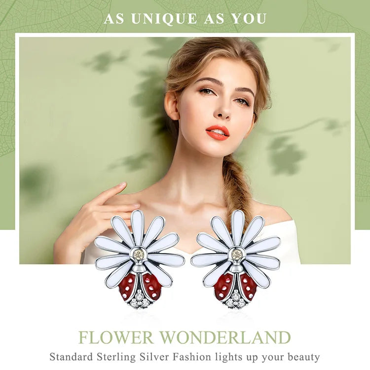 Anna EARRING
 925 Sterling Silver Daisy Flower Red Ladybug Stud Earrings