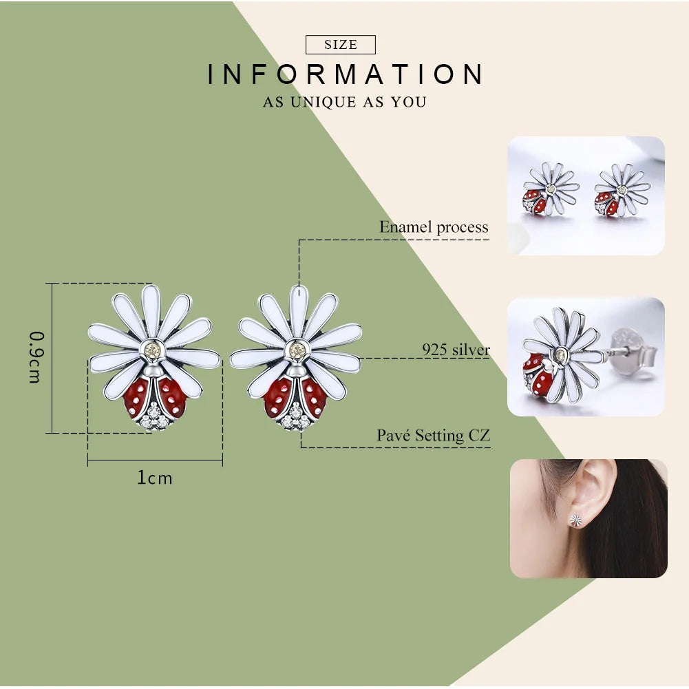 Anna EARRING
 925 Sterling Silver Daisy Flower Red Ladybug Stud Earrings