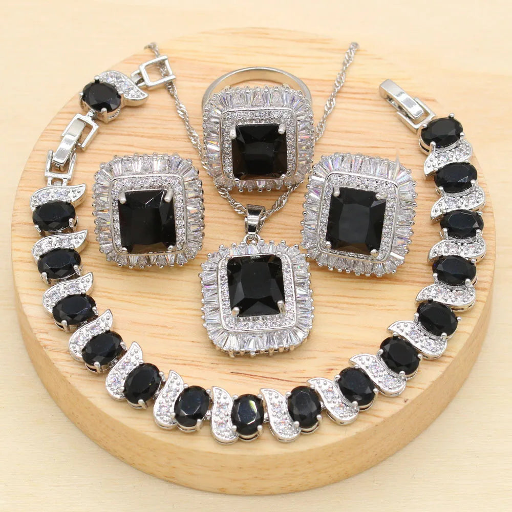 New Black Stones Cubic Zirconia Silver Jewelry Sets For Women Earring Pendant Necklace Ring Bracelet Big Square