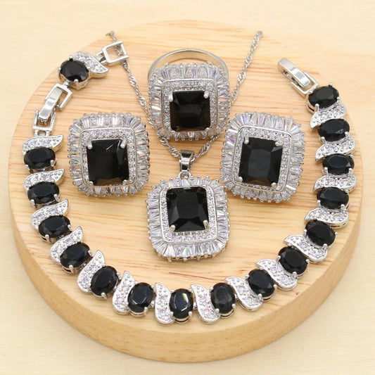 New Black Stones Cubic Zirconia Silver Jewelry Sets For Women Earring Pendant Necklace Ring Bracelet Big Square