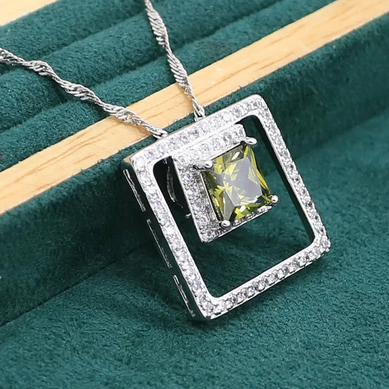 Green Peridot 925 Sterling Silver Jewelry set for Women Bracelet Long Earrings Necklace pendant Ring Birthday Gift