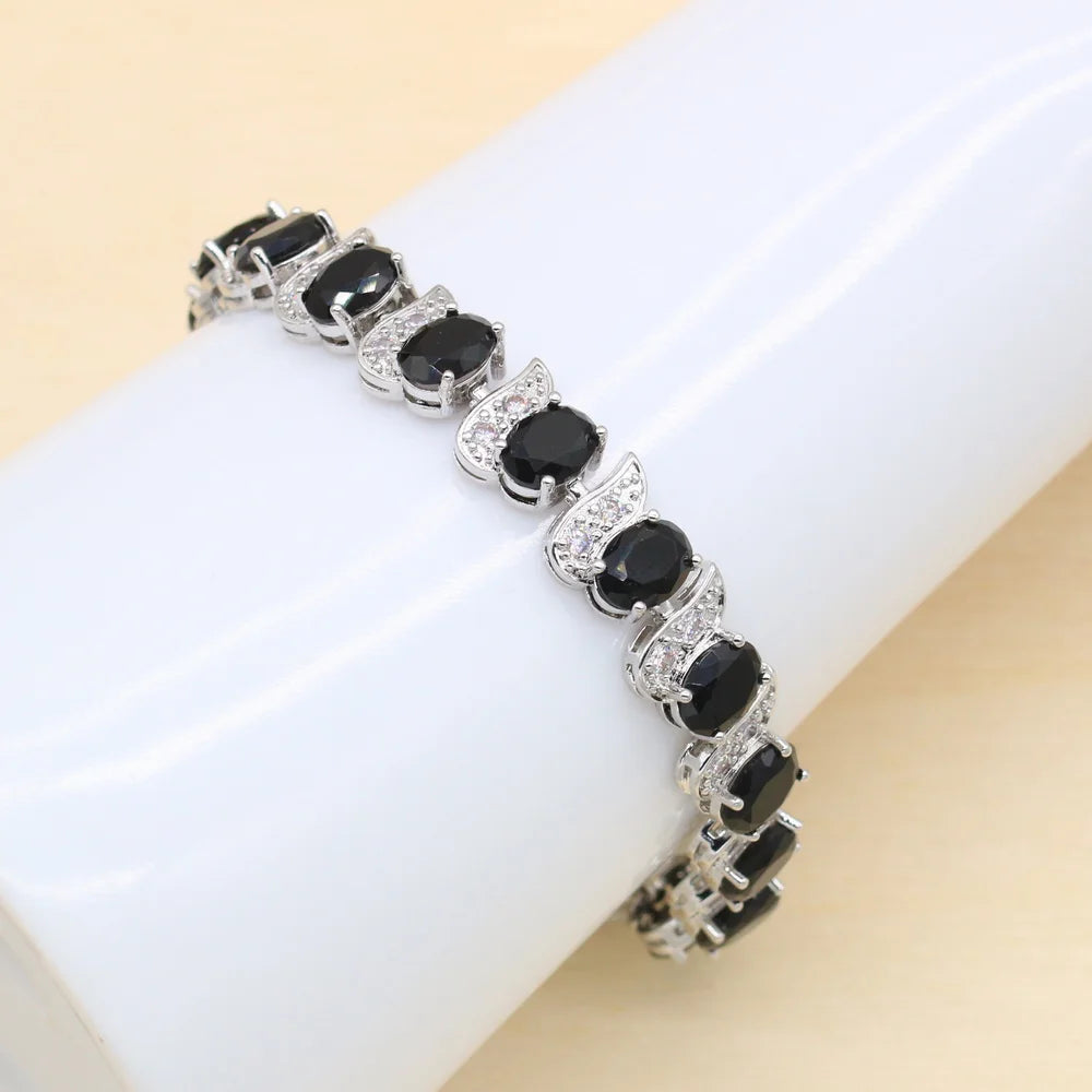 New Black Stones Cubic Zirconia Silver Jewelry Sets For Women Earring Pendant Necklace Ring Bracelet Big Square