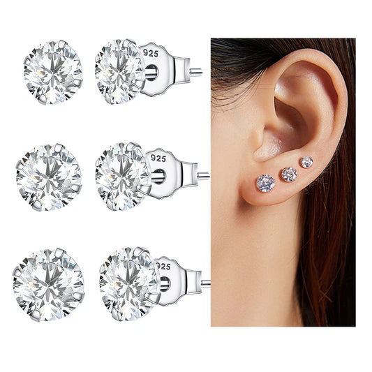 EARRINGS
 3 Pairs Stud Earrings Set 925 Sterling Silver Stone