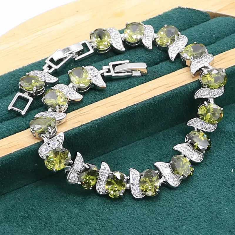 Green Peridot 925 Sterling Silver Jewelry set for Women Bracelet Long Earrings Necklace pendant Ring Birthday Gift