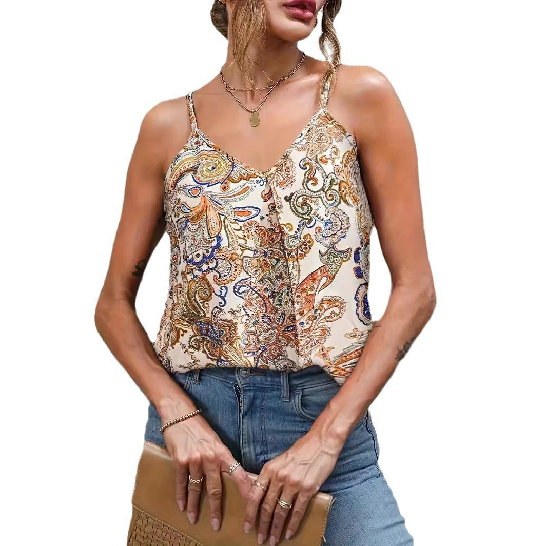 Summer Casual Spaghetti Strap Printed Top