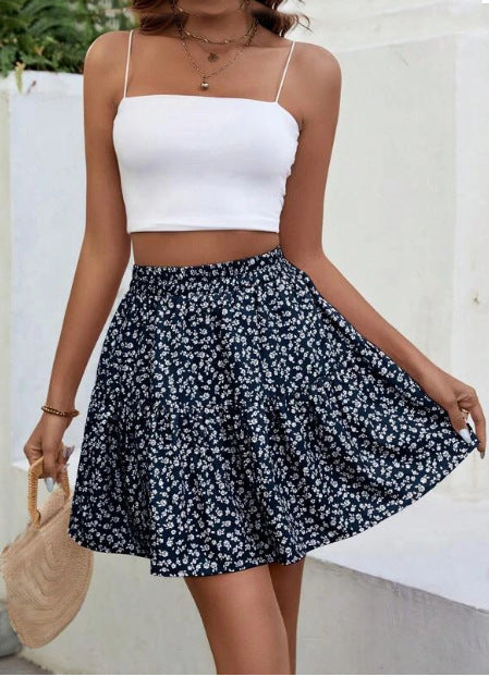 A- Line Short High Waist Floral Frill Hem Skirt