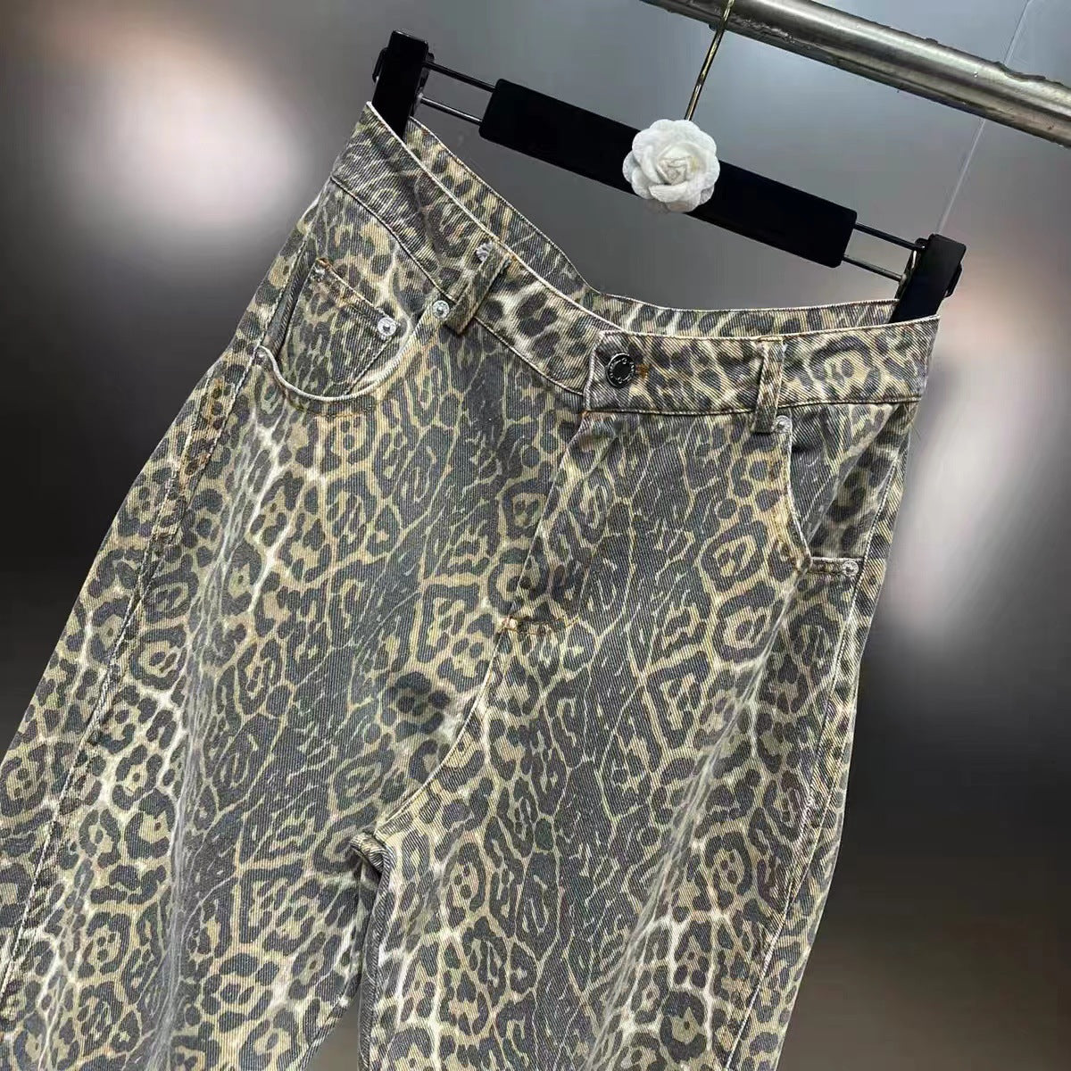 Leopard Print Straight Slim Street Fashion Jeans