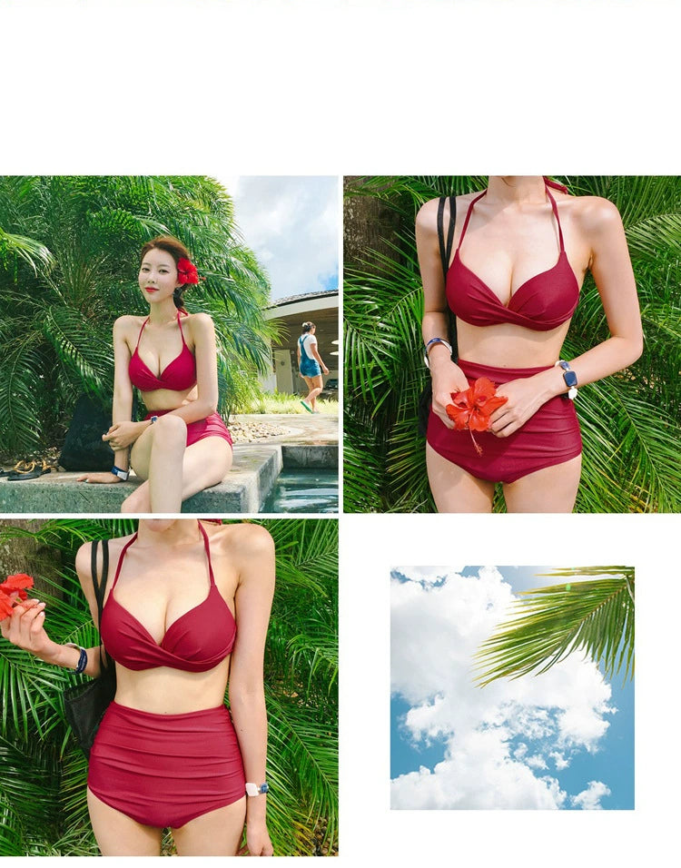 High Waist Sexy Bikini Three-Piece Set Small Chest Gather Swimwear Female Vacation Steel Bracket Gather Spa Swimsuit