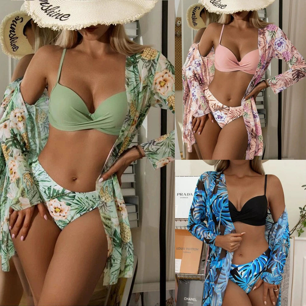 European and American-Style New Swimsuit Three-Piece Mesh Shawl Blouse Kimono Split Printed Bikini Swimsuit