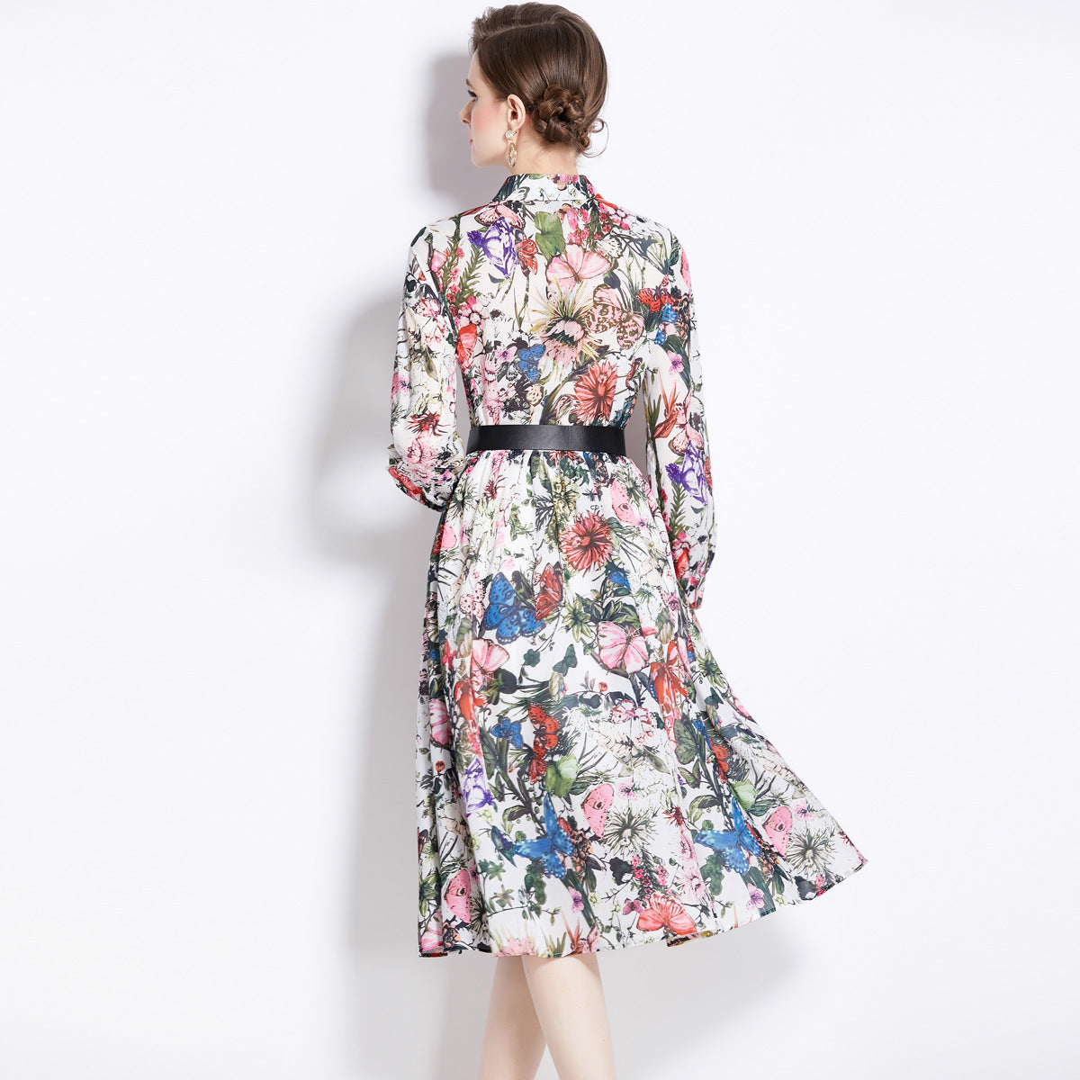 Printed Waist-controlled Long Sleeve Cotton Dress