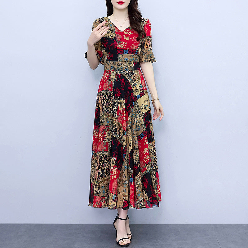 Spring And Autumn Chiffon Floral Dress