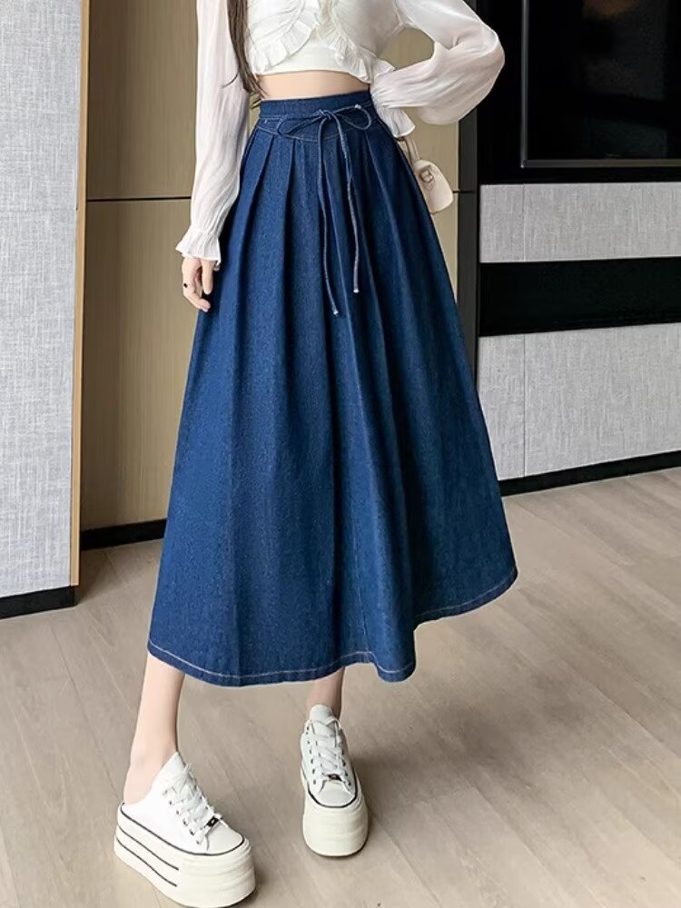 Women's Temperament High Waist Denim Pleated Mid-length Skirt