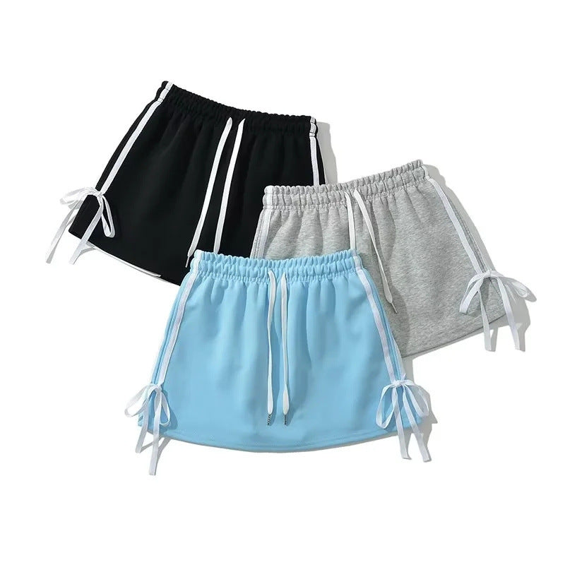 Preppy Style Lace-up Bow High Waist Slim Skirt With Underpants Anti-exposure