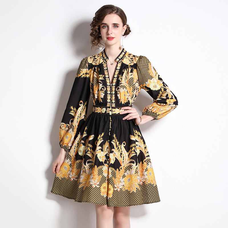 Vintage Printed Lantern Sleeve V-neck Tight Waist Dress