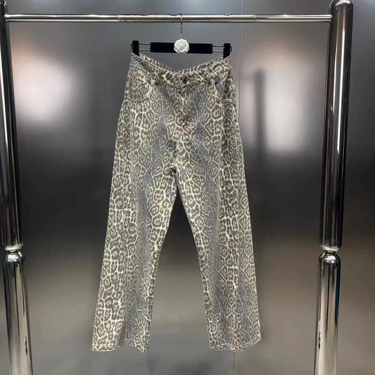 Leopard Print Straight Slim Street Fashion Jeans