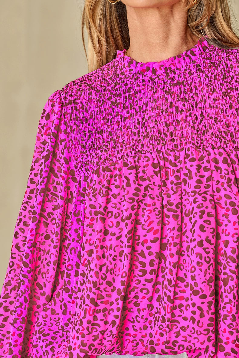 Leopard Print Print Long Sleeves Casual Smocking Closed Chiffon Shirt