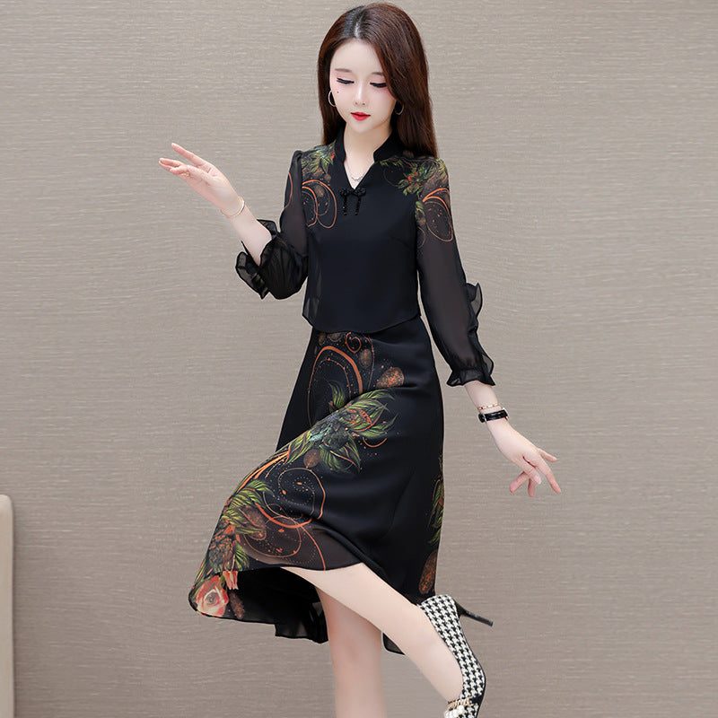 Printed Fake Two Pieces Dress Korean Style Western Style Slim Fit