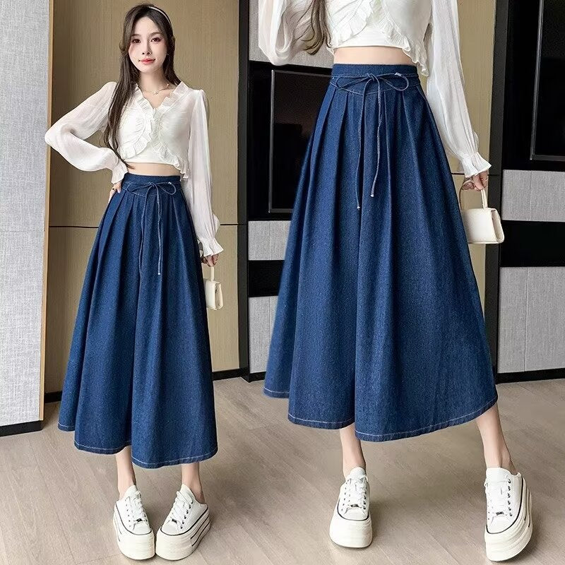 Women's Temperament High Waist Denim Pleated Mid-length Skirt