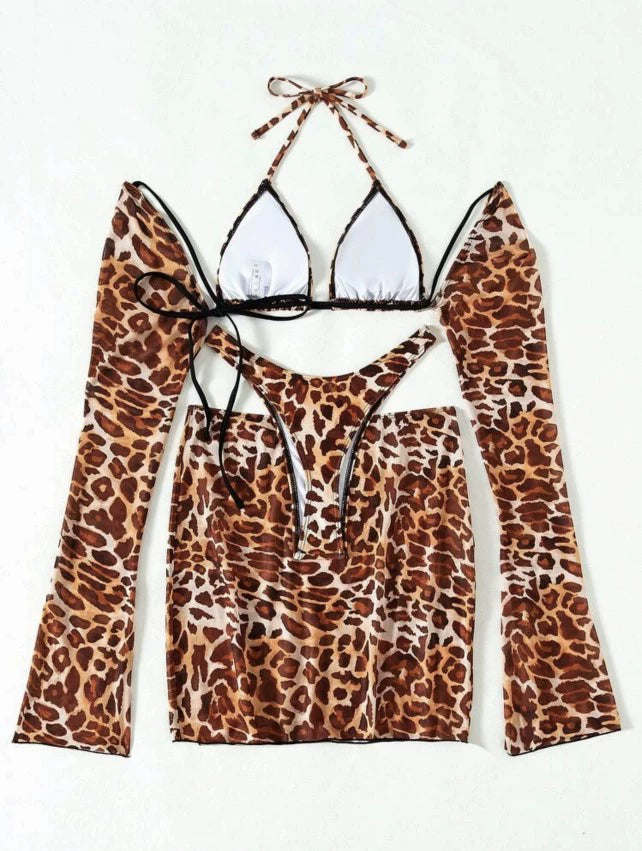 European and American New  Swimsuit Leopard Print Mesh Sexy Four-Piece Swimsuit Backless Bikinis Bikini