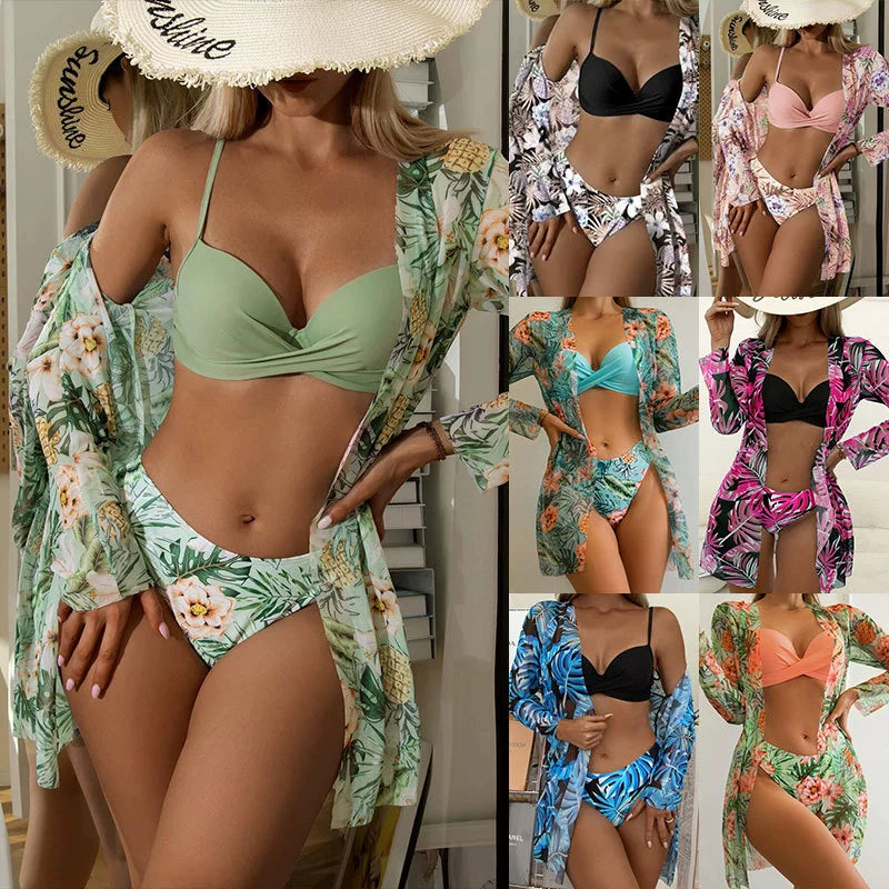 European and American-Style New Swimsuit Three-Piece Mesh Shawl Blouse Kimono Split Printed Bikini Swimsuit