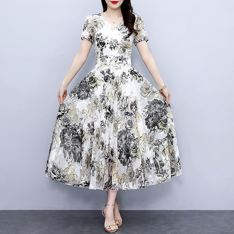 Spring And Autumn Chiffon Cut Flower Dress