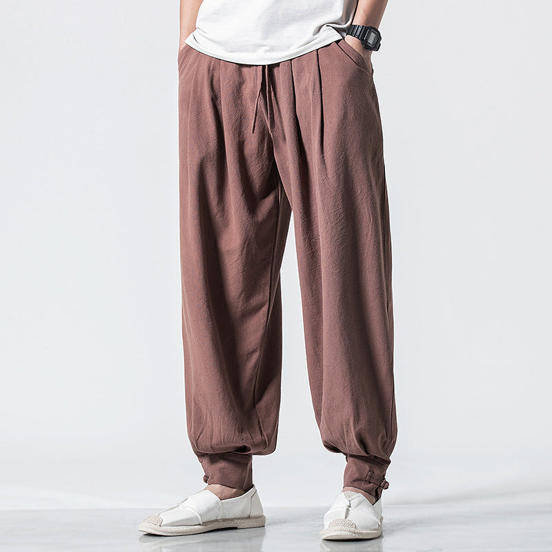 Men's Cotton Linen Loose Necked Long Pants