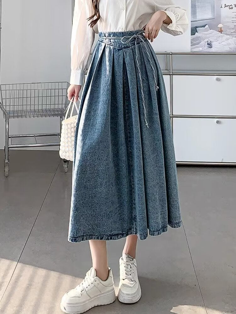 Women's Temperament High Waist Denim Pleated Mid-length Skirt