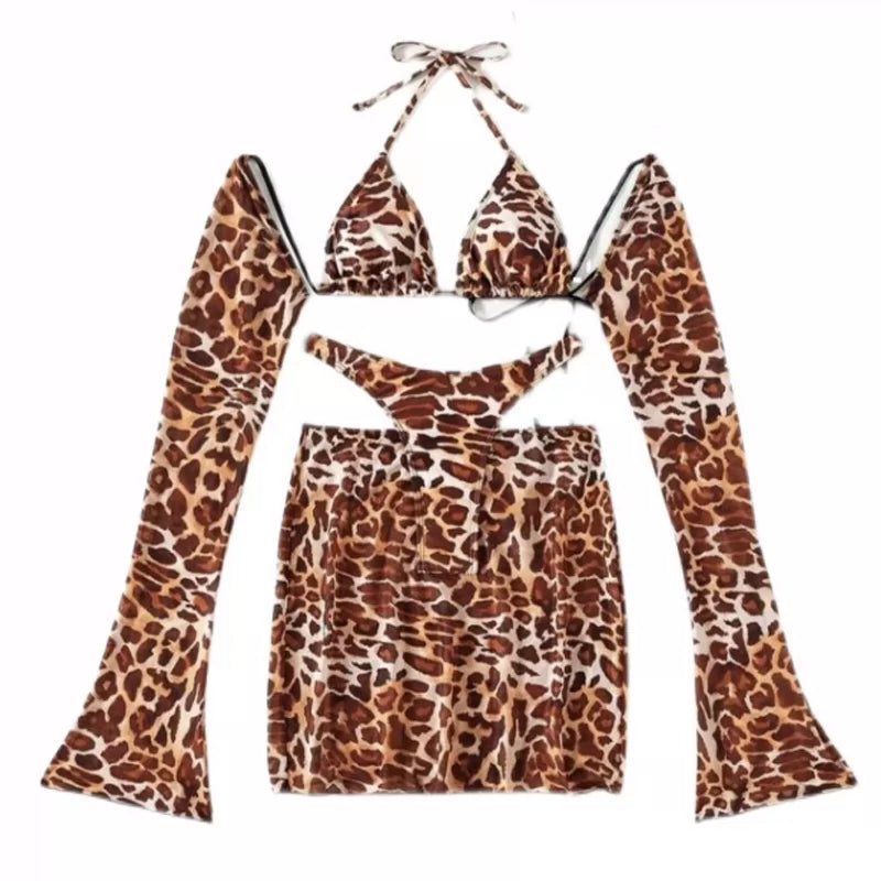 European and American New  Swimsuit Leopard Print Mesh Sexy Four-Piece Swimsuit Backless Bikinis Bikini