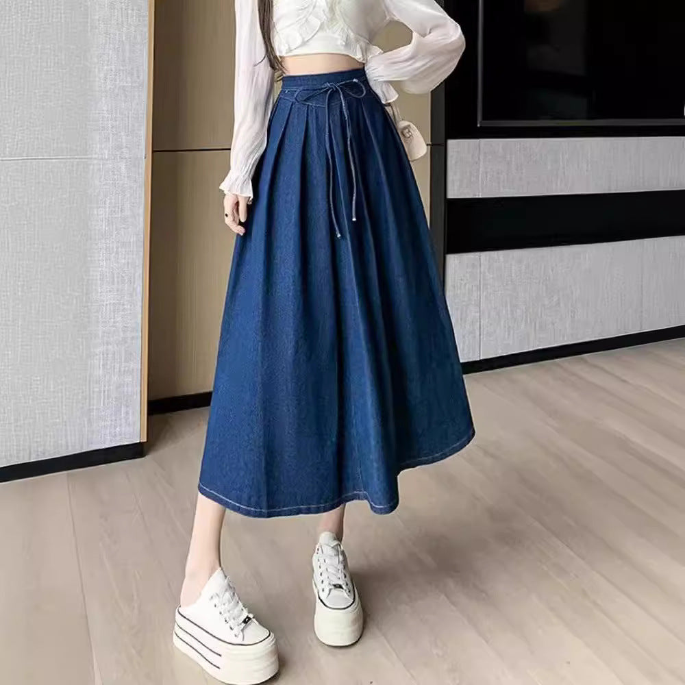 Women's Temperament High Waist Denim Pleated Mid-length Skirt