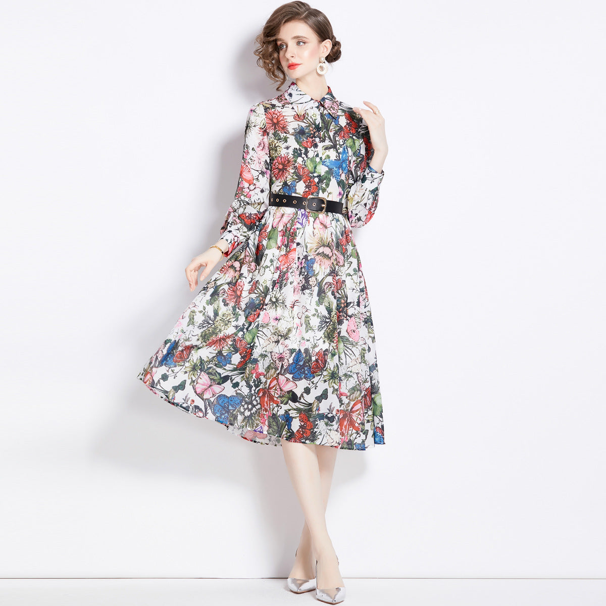 Printed Waist-controlled Long Sleeve Cotton Dress