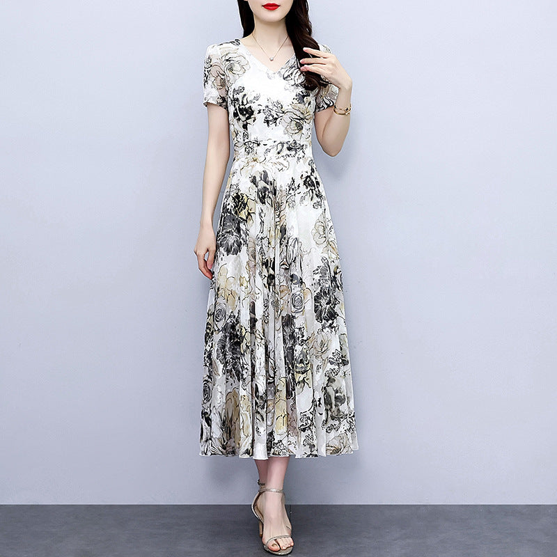 Spring And Autumn Chiffon Cut Flower Dress