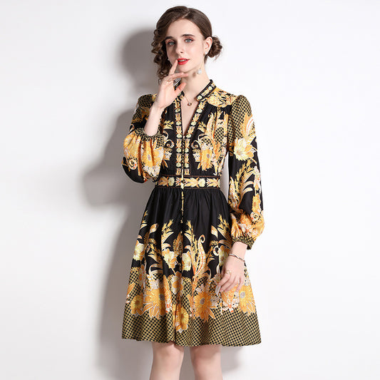 Vintage Printed Lantern Sleeve V-neck Tight Waist Dress