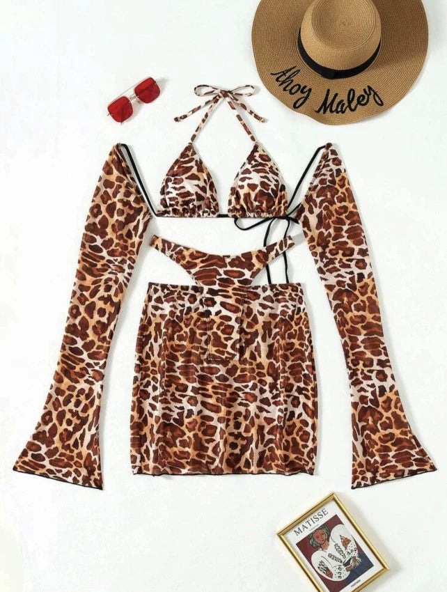 European and American New  Swimsuit Leopard Print Mesh Sexy Four-Piece Swimsuit Backless Bikinis Bikini