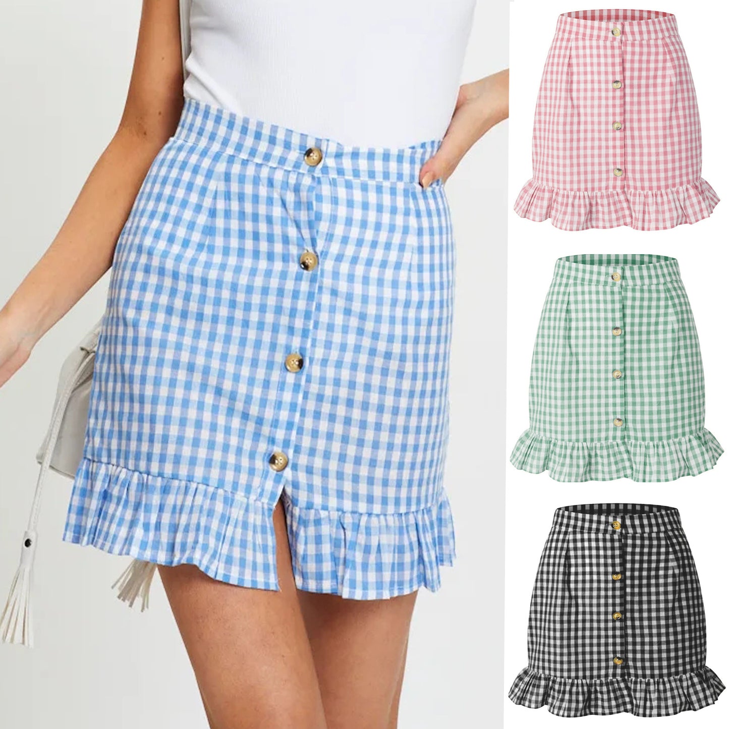 Women's Plaid Lotus Leaf Skirt High Waist