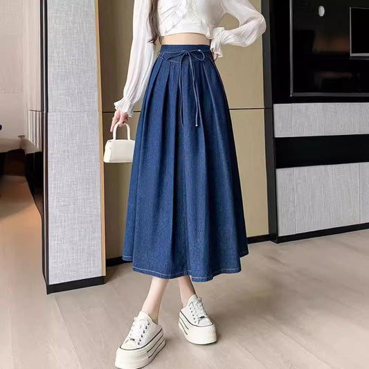 Women's Temperament High Waist Denim Pleated Mid-length Skirt