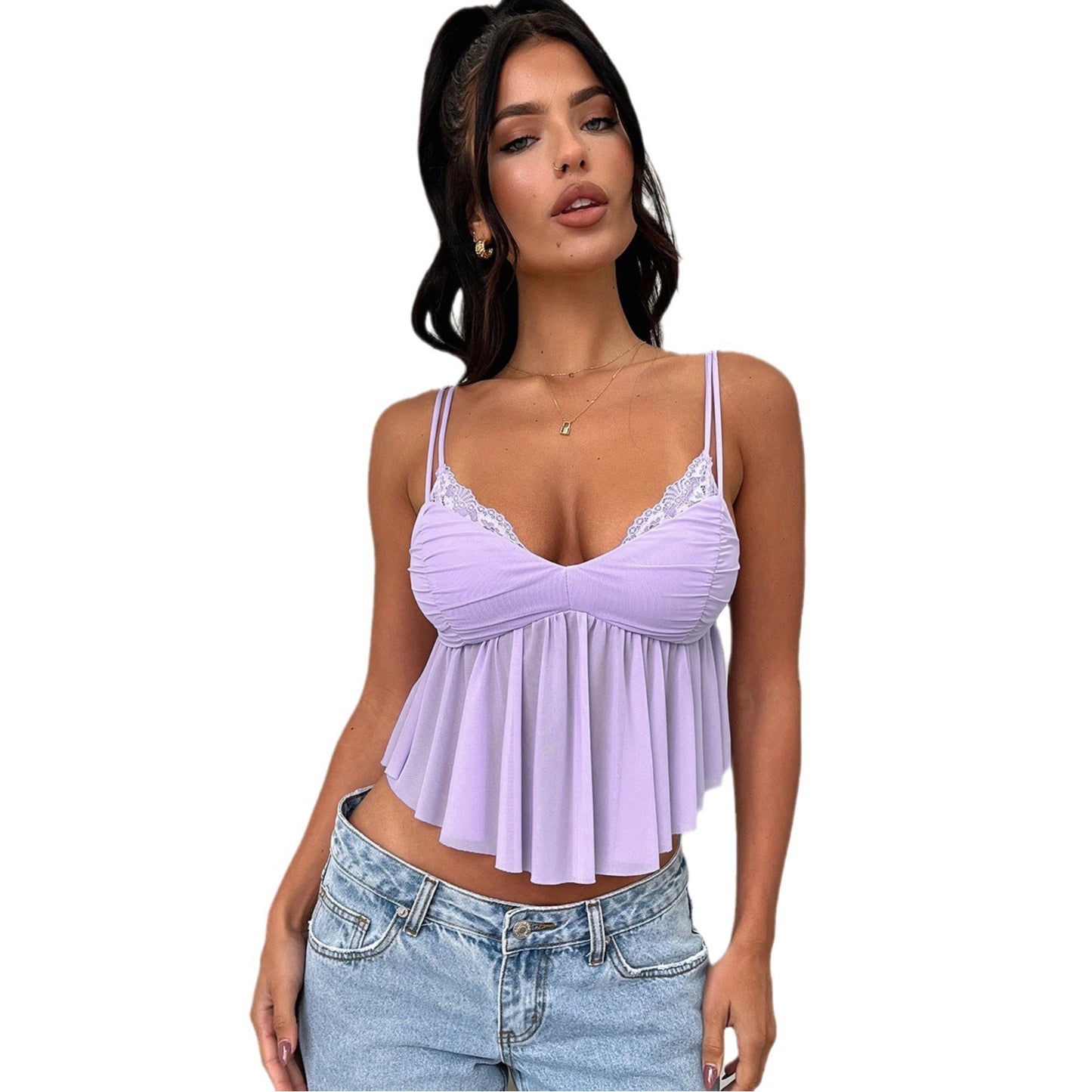 Women's Fashion Lace Ruffled Spaghetti Straps Top