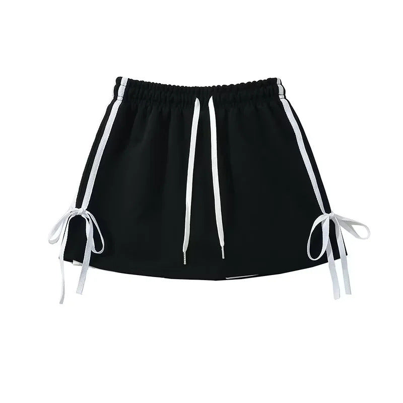 Preppy Style Lace-up Bow High Waist Slim Skirt With Underpants Anti-exposure