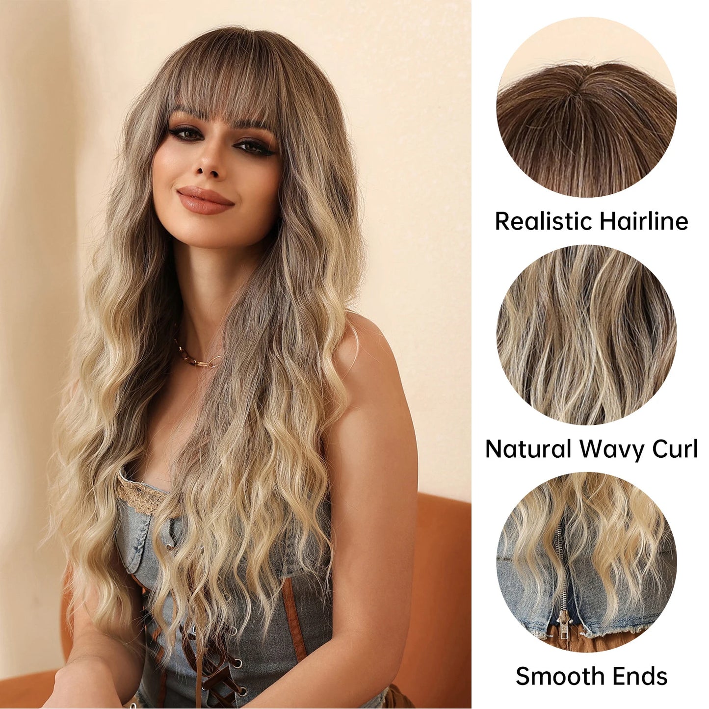 WIG
 Gray Brown Ombre Blonde Wavy Wigs Long Natural Wave Curly Wig for Women Fake Hair With Bangs Daily Cosplay Fiber Wig