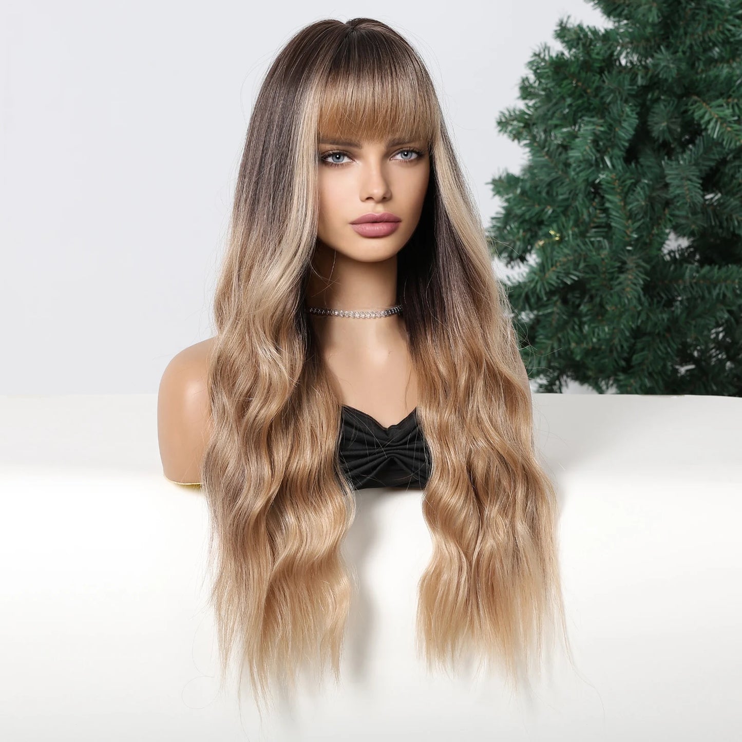 WIG
 -Long Natural Wavy Hair Wigs With Bangs Daily Party Heat Resistant Fibre