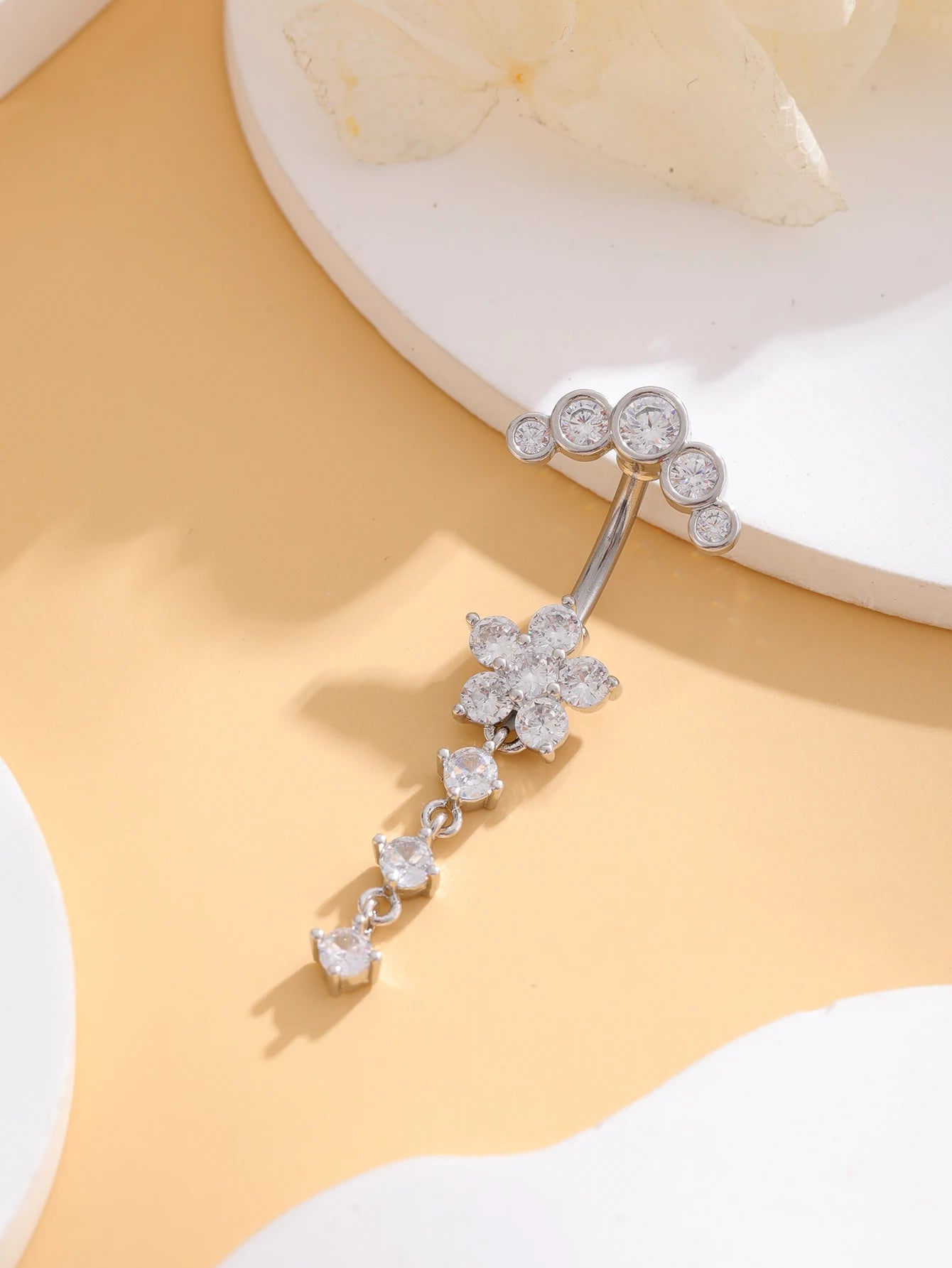 Belly Button Ring Long Dangled Flower CZ Crystal Navel Belly Piercing Rings for Women