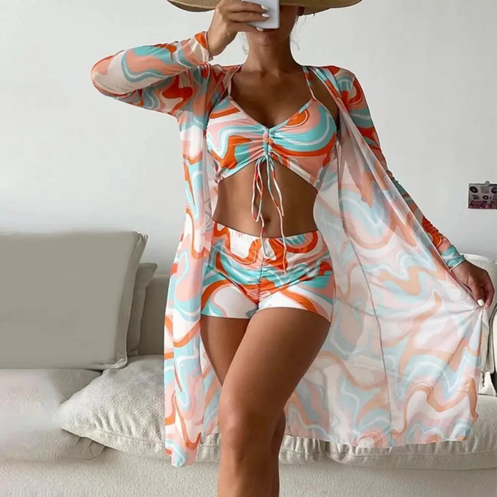 Women Bikini Set Women Swimsuit Floral Print Bikini Set with High Waist Shorts Push Up Tankini Swimsuit Cover-up Set for Women's